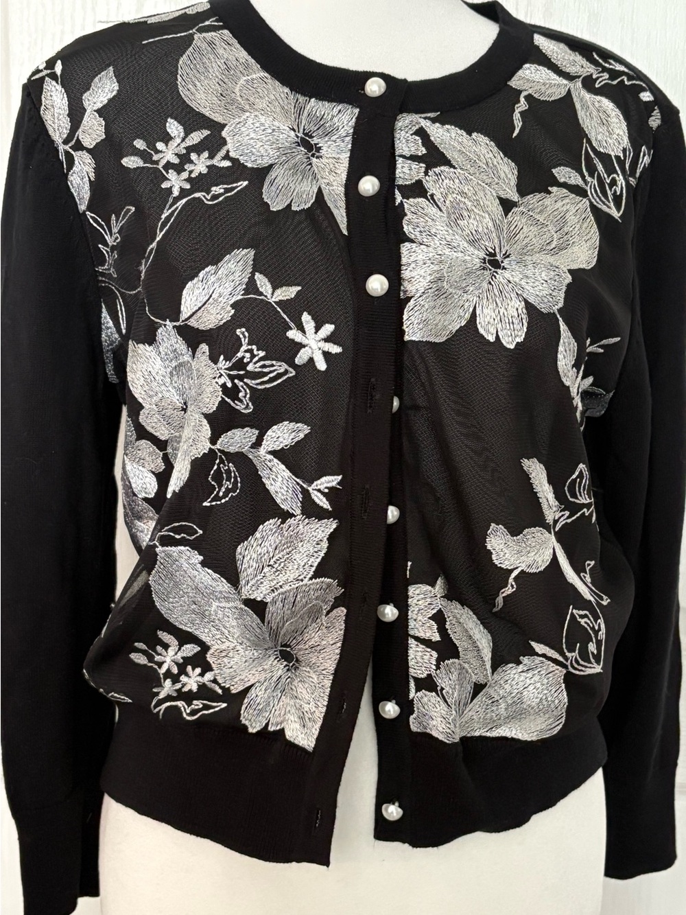 Karl Lagerfeld Black Cardigan with Silver Floral Embroidery Size M, NWT